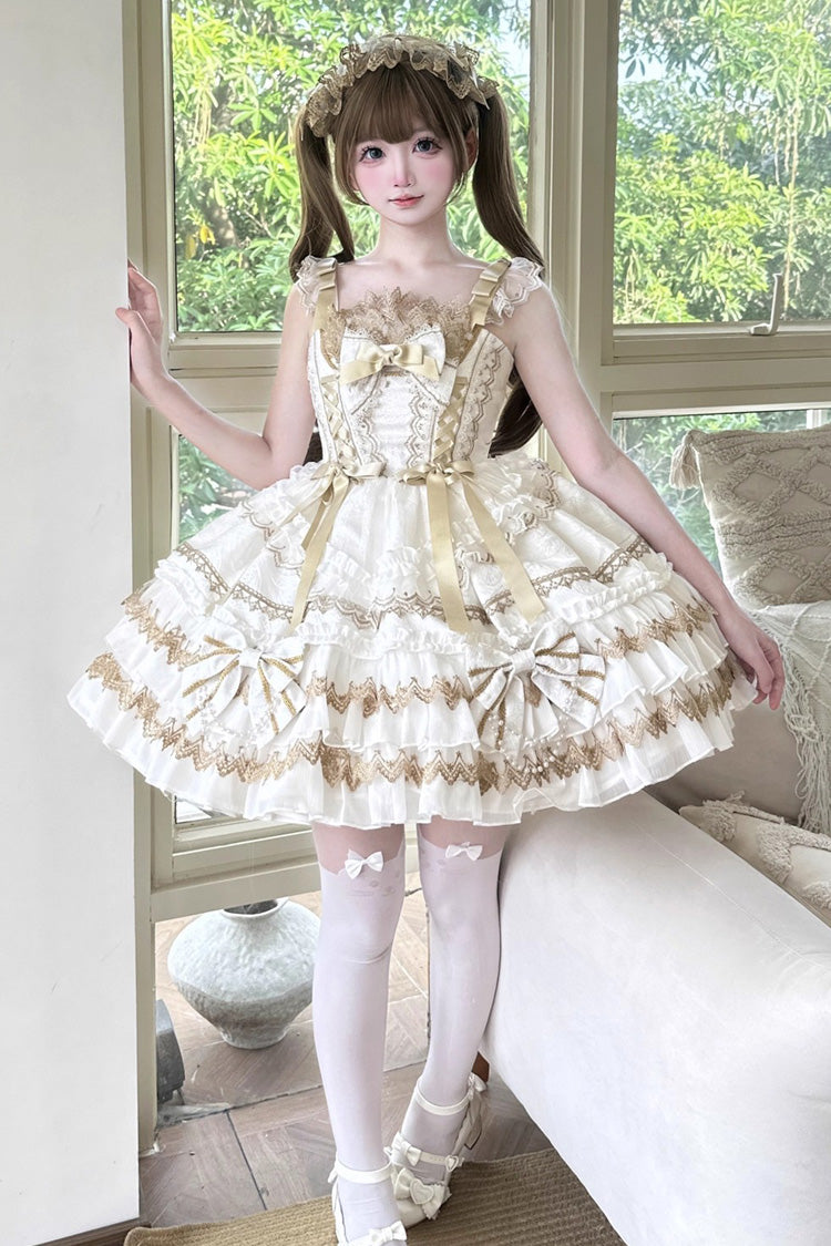 White [Gilded Memories] Sleeveless Double-Layered Ruffle Hot Stamping Bowknot Lace Sweet Lolita Jsk Dress