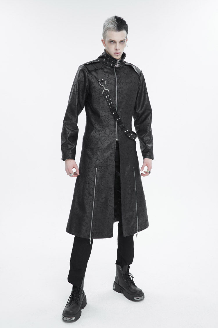 Black Stand Collar With Strap Split At The Hem Long Men's Gothic Coat