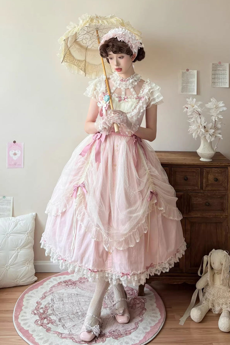 Pink [Sakura’s Spring Resonance] Sleeveless Ruffled Bow Sweet Lolita Jsk Dress (Long Version)