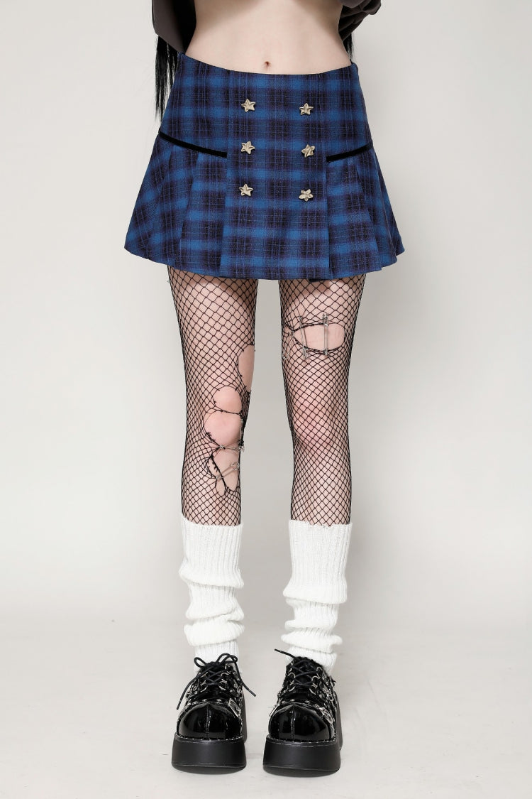 Blauer Damen-Kurzrock im Vintage-College-Stil mit Sternen, Karomuster und Falten