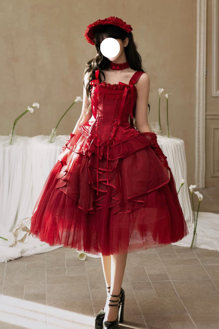 レッド [夏の波の輝き] スクエアカラー ノースリーブ 多層フリル リボン レースアップ スリム クラシック ロリータ スカート セット