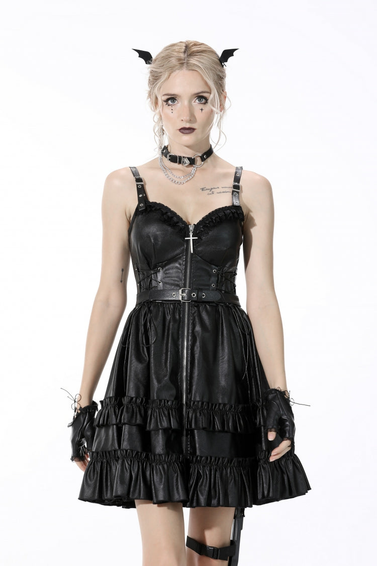 Robe gothique noire à bretelles en simili cuir pour femmes, sans manches, avec boucle et fermeture éclair