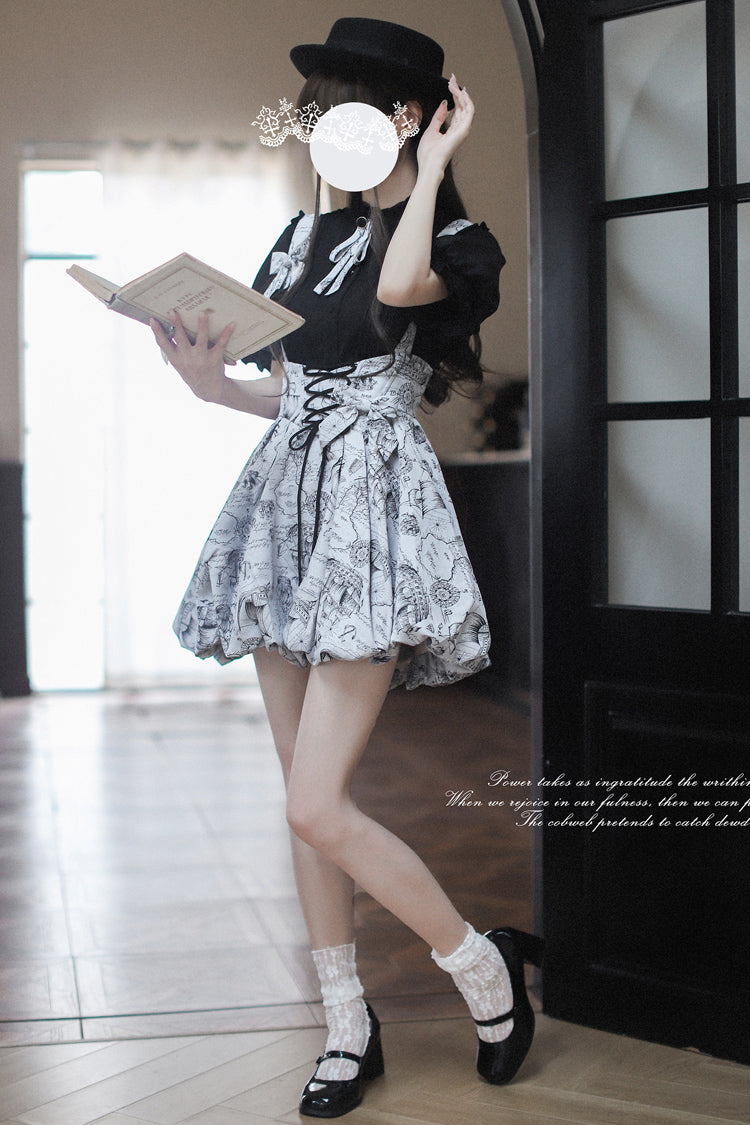 Grey [Elise] Print Bowknot Lace-Up Sweet Vintage Lolita Skirt