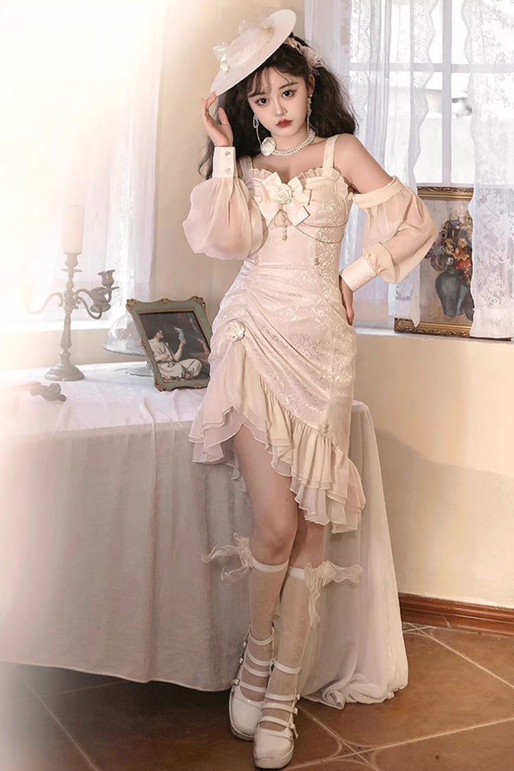 Champagne [Camellia 2.0] Sleeveless Jacquard Ruffle Lace Asymmetric Sweet Chinese Style Fishtail Lolita Jsk Dress