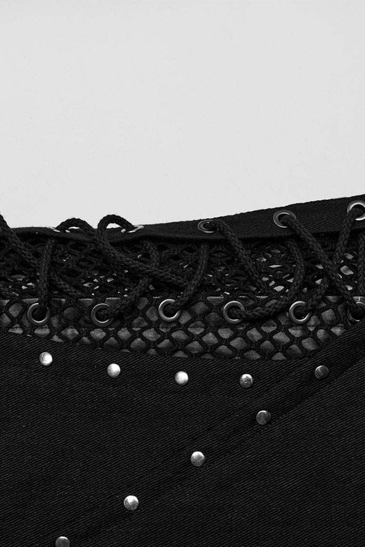 Black Stitching Lace-Up Mesh Men's Gothic Flared Pants