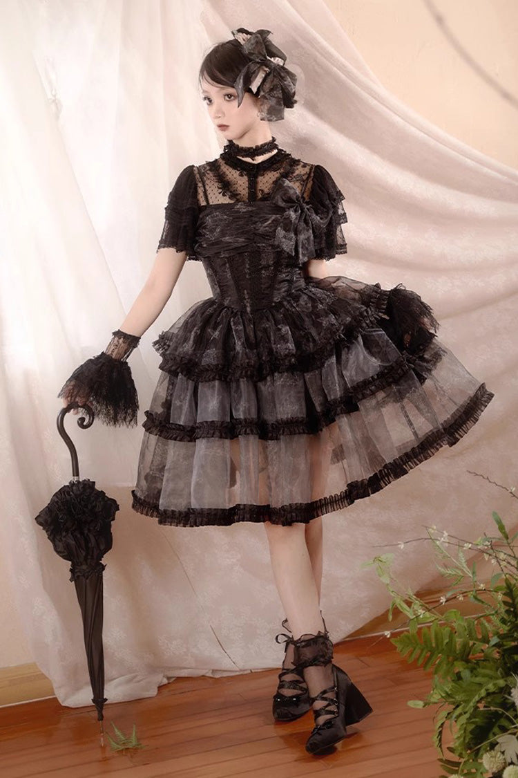 Black Multi-layer Butterfly Print Bowknot Lace Fish Bone Gothic Lolita Jsk Dress