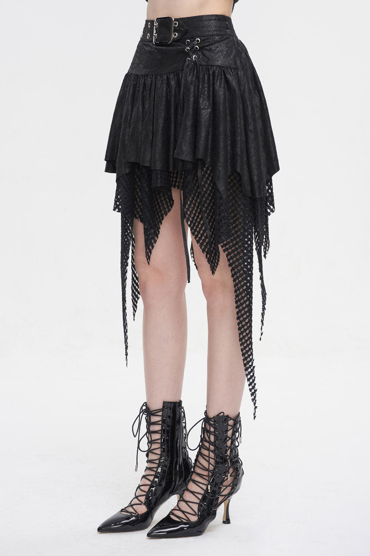 Black Lrregular Mesh Splice Buckle Women's Gothic Skirt