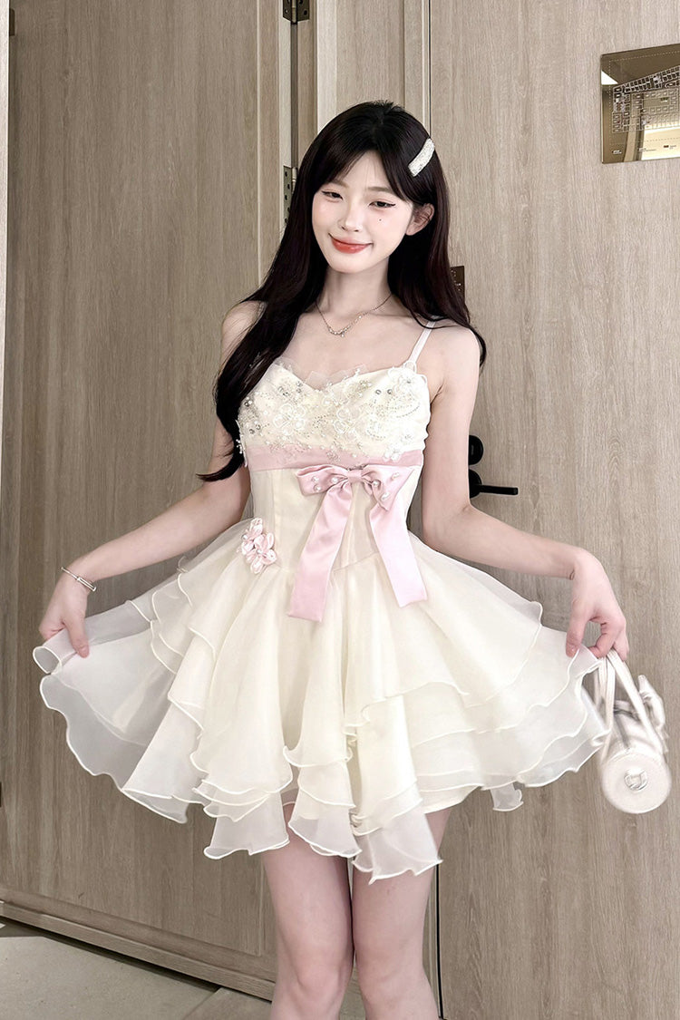 Ivory [Radiant Heiress] Sleeveless Multi-Layered Ruffled Embroidered Bow Pearl Detail Sweet Lolita Jsk Dress