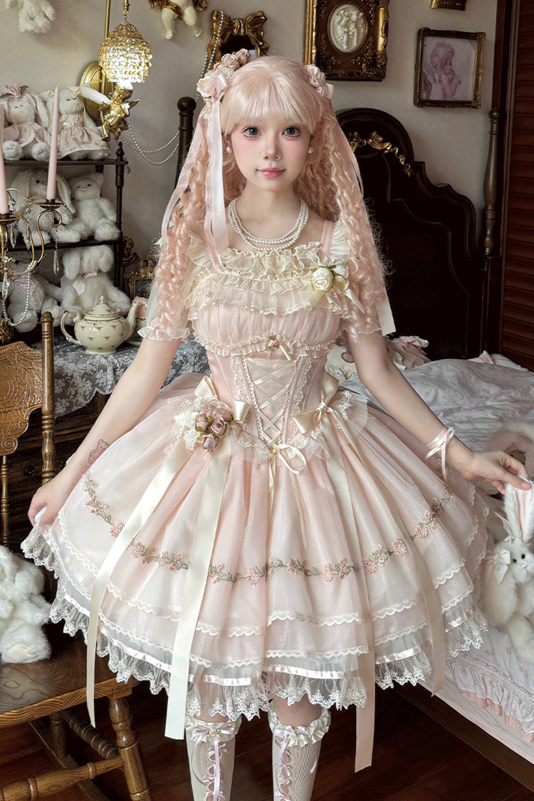[Mist Champagne] Multi-Layered Ruffle Bowknot Lace Sweet Elegant Ballet Lolita Jsk Dress 3 Colors