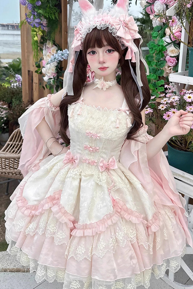 Pink [Lyrics in the Midst of Flowers] Ruffle Embroidery Bowknot Chinese Style Elegant Sweet Lolita Jsk Dress