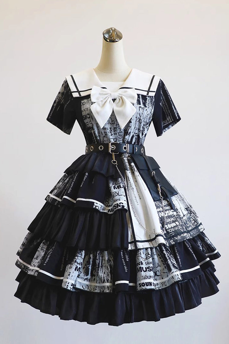 Black Short Sleeves Multi-Layered Print Ruffle Bowknot Asymmetric Punk College Style Lolita Dress