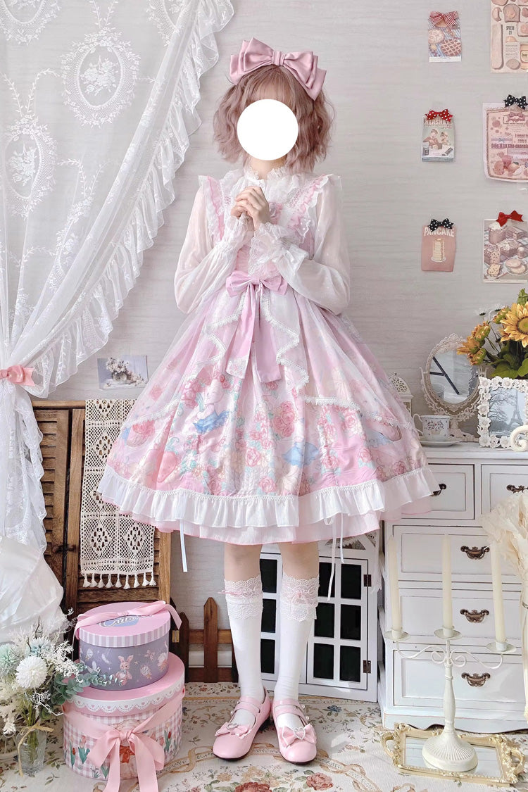 Pink Sleeveless High Waisted Rabbit Print Ruffle Bowknot Sweet Lolita Jsk Dress