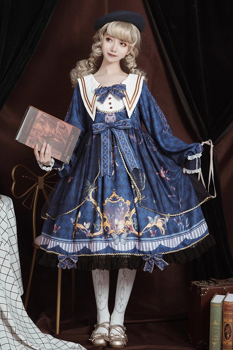 Blue Navy Collar Long Sleeves Butterfly Print Ruffle Bowknot Sweet Elegant Princess Lolita Dress