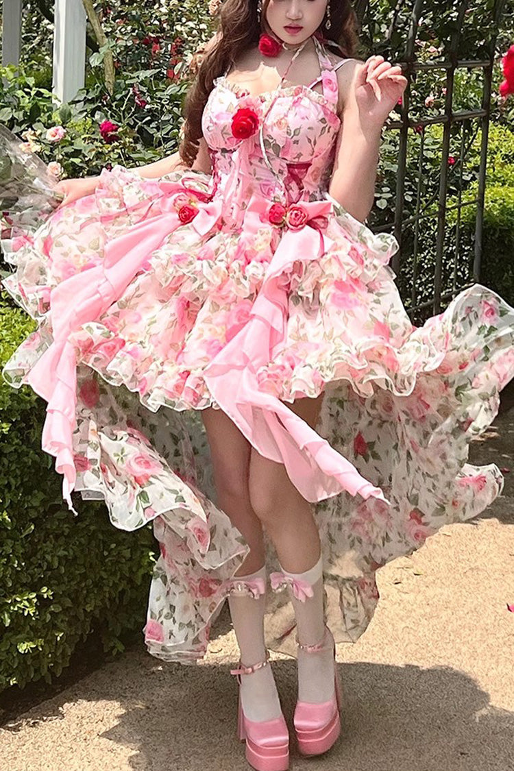 Pink Multi-Color Rose Print Sleeveless Sweet Lolita Strapless Dress