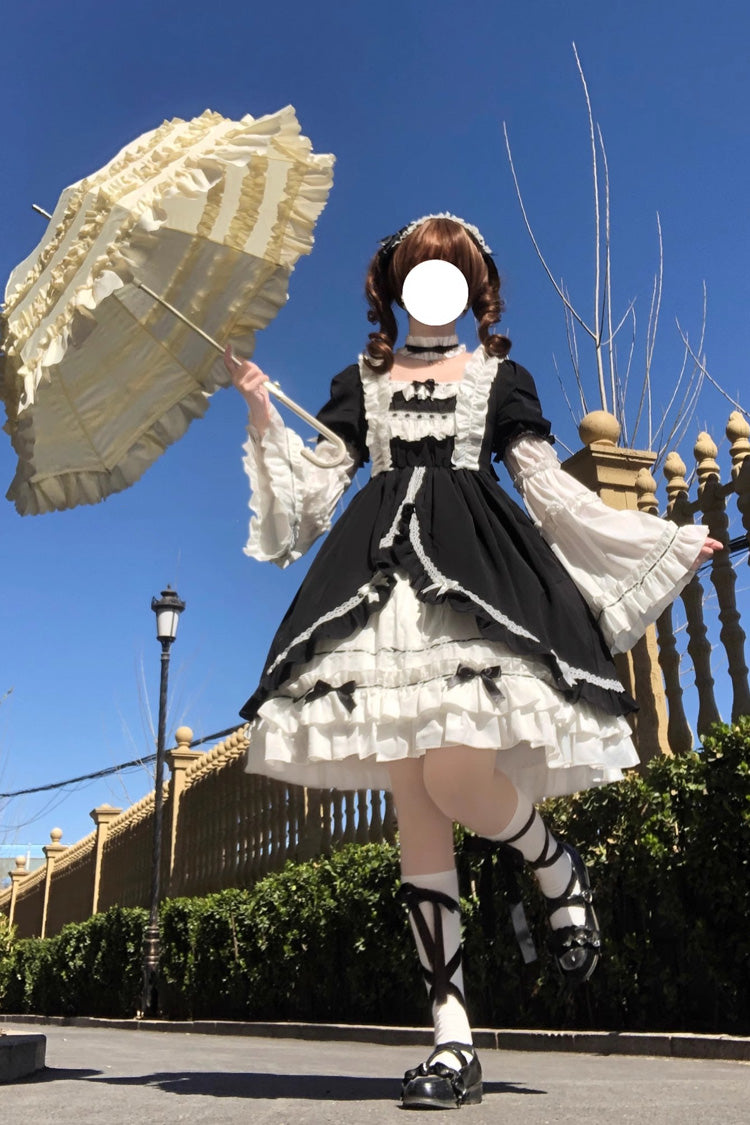 White/Black Long Hime Sleeves Ruffle Cardigan Bowknot Gothic Lolita Dress
