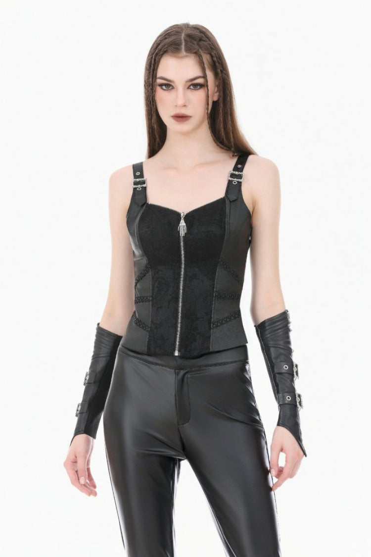 Black Jacquard Buckled Straps Zippered Women's Punk Vest