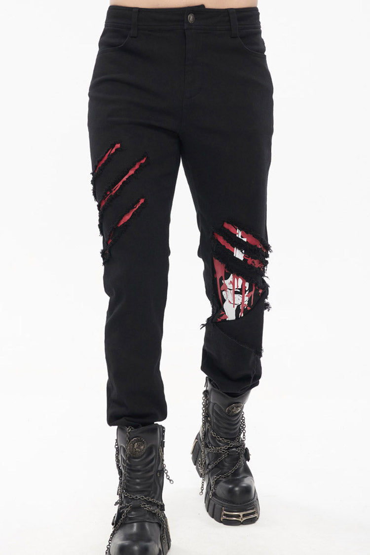 Black Punk Twill Ripped Leg-Bone Bleed Print Men's Pants