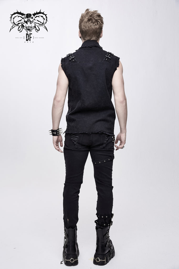 Black Faded Shoulder Bullet Clip Rivet Men's Punk Waistcoat