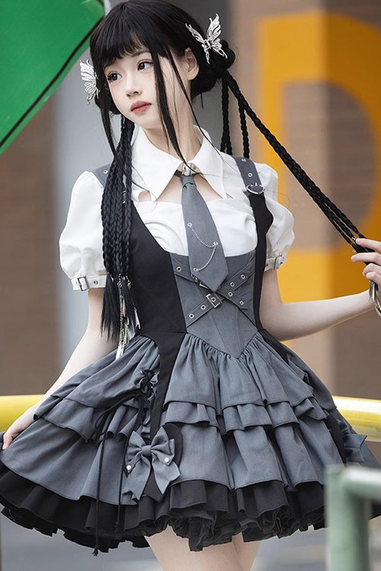 Black/Grey [Machinist] Sleeveless Multi-Layered Ruffle Bowknot Classic College Style Lolita Dress
