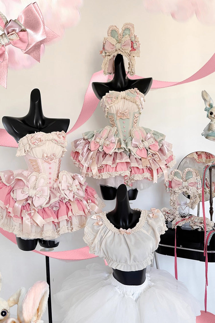 [Ribbon Dance] Multi-Layered Ruffle Bowknot Lace-Up Sweet Princess Lolita Dress 3 Colors