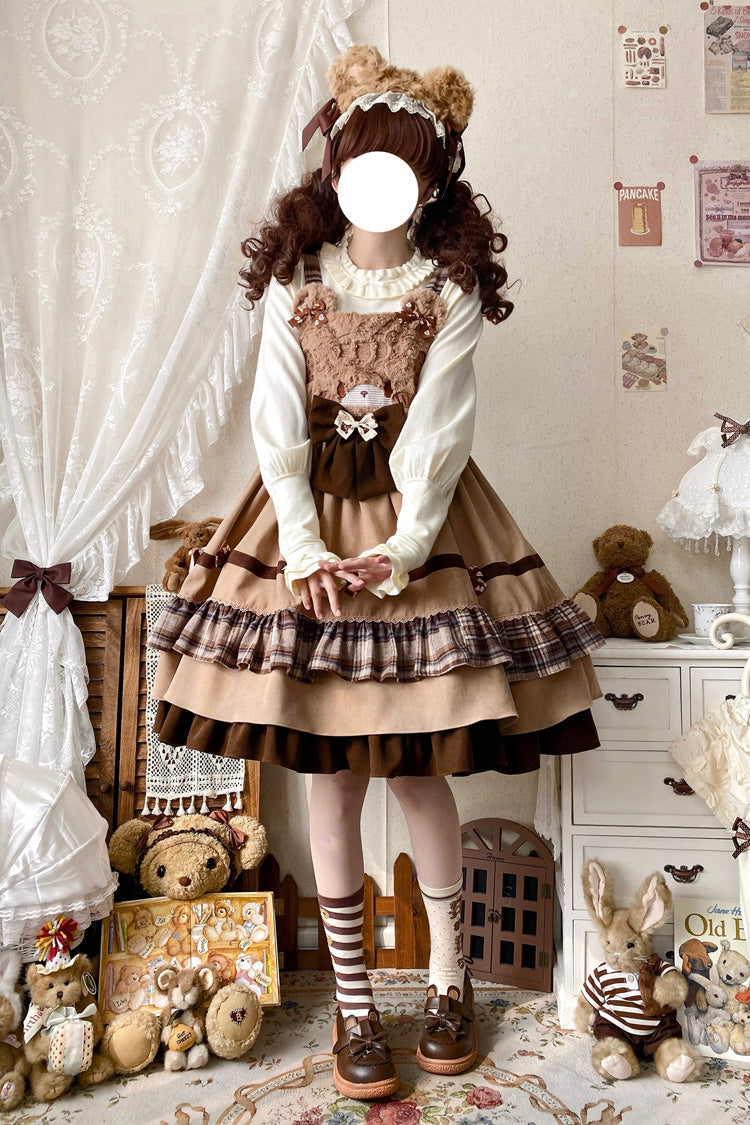 Brown Bear Triple-Layered Ruffle Bowknot Sweet Lolita Strap Dress
