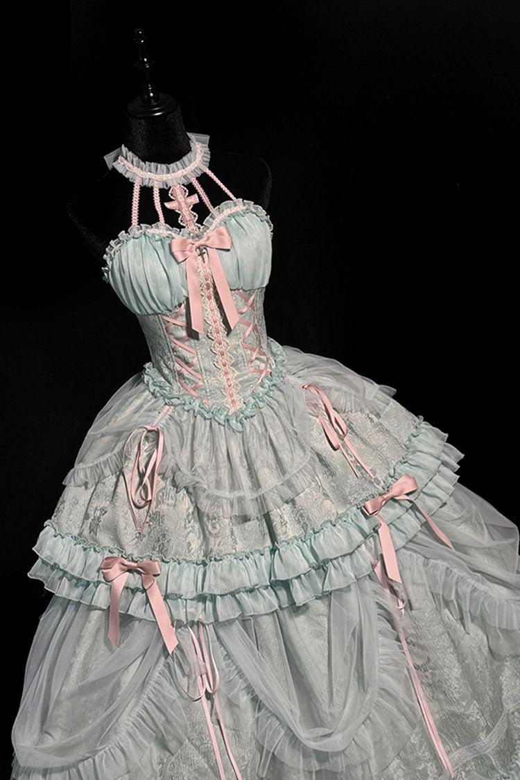 Green Cross Halterneck Ruffle Bowknot Lace Lace-Up Princess Sweet Lolita Dress