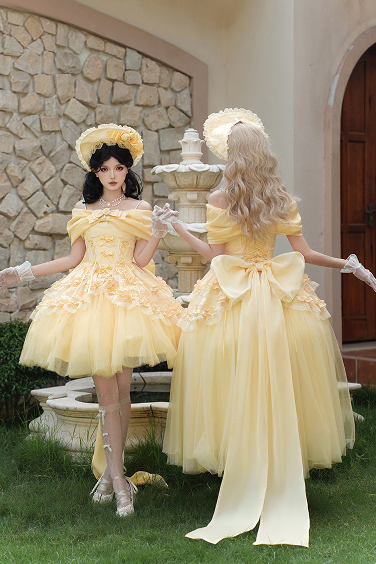 Yellow [Sissi's Pilgrimage] Off Shoulder Ruffle Bowknot Lace Sweet Lolita Skirt (Short Version)
