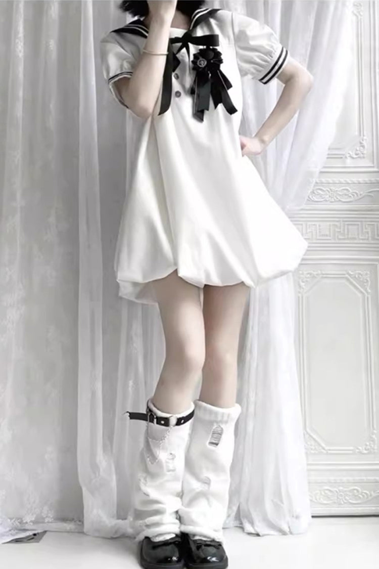 Black/White [Old Stories] Navy Collar Short Sleeves Bowknot Sweet Lolita Dress