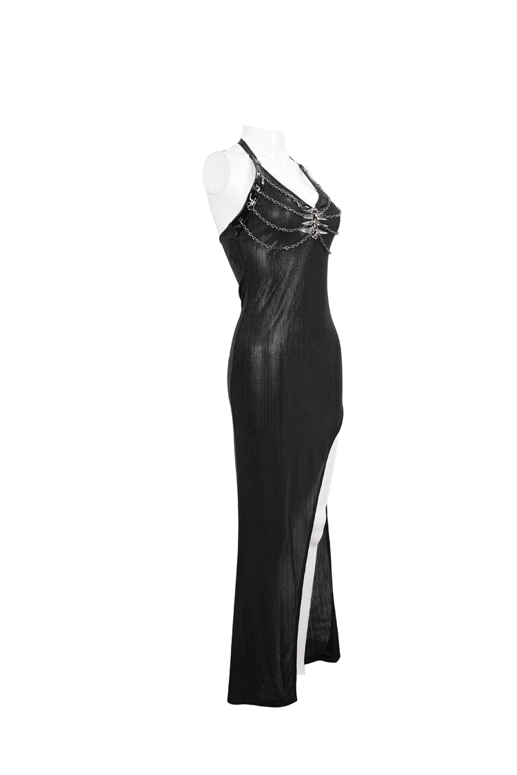 Black Chest Cutout Chain Halter Neck Lace High Slit Long Women's Punk Dress