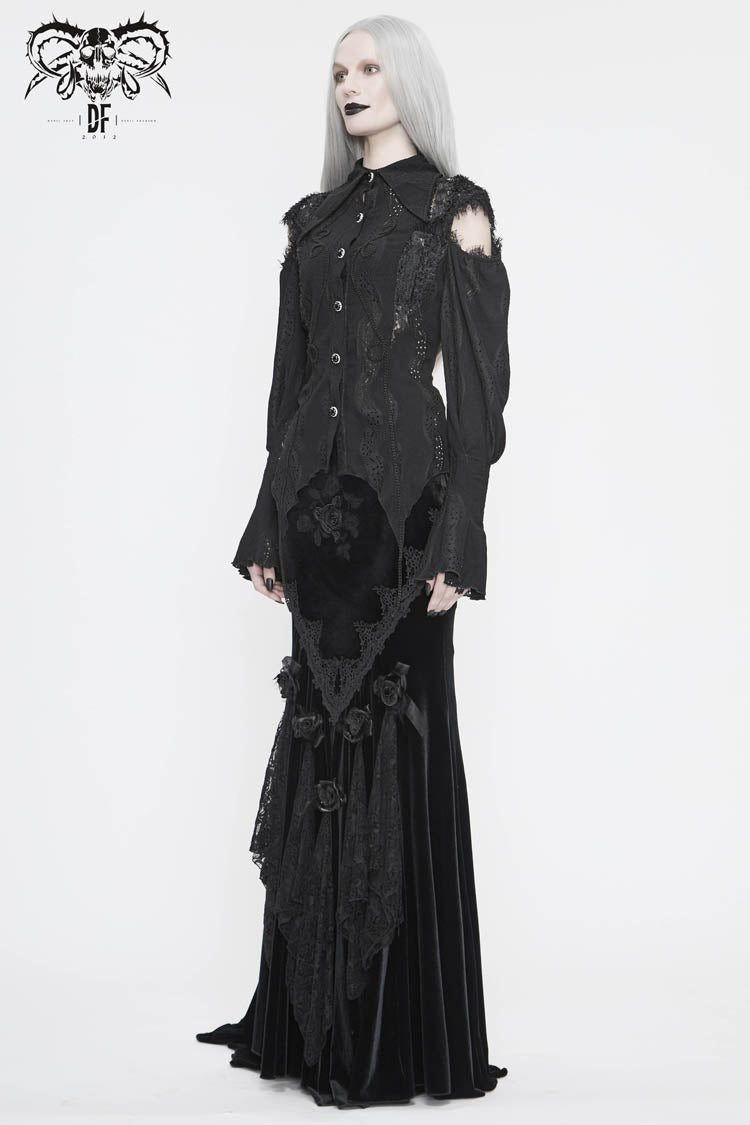 Black Front Chest Webbing Appliques Hollow-Out Lantern Sleeve Flare Cuff Back Waist Lace Up Women's Gothic Blouse