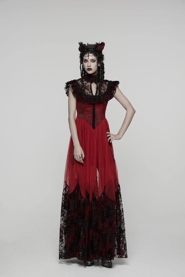 Black/Red Stand Collar Sleeveless Printed Hanayome Lace Lace-Up Women's Gothic Elegant Dress Wedding Dress