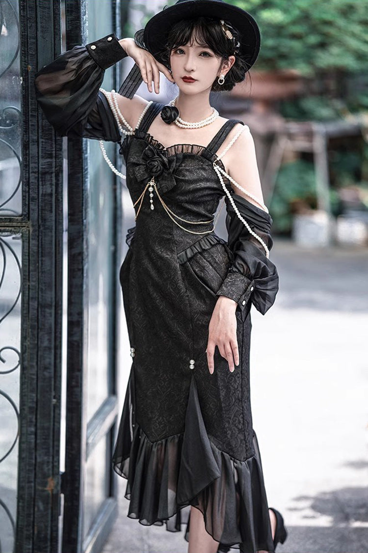 Black [Camellia 1.0] Sleeveless Jacquard Ruffle Lace Gothic Chinese Style Lolita Jsk Fishtail Dress