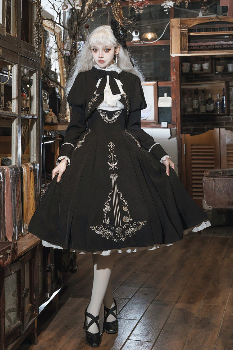 Black/White [Violin Variations] Ruffled Embroidered Gothic Lolita Jumper Dress Set
