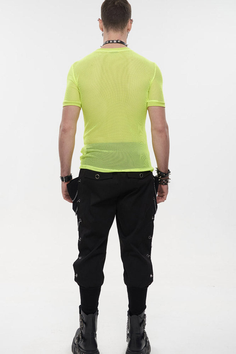 Yellow Gothic Crew Neck Diamond-Shaped Net Hyperelastic Short Sleeve Men's T-Shirt