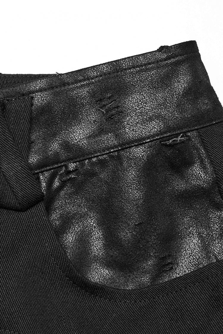 Black Pleated Faux Leather Stitching Men's Punk Straight Pants