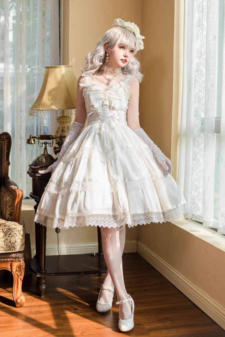 White Sleeveless Multi-layer Ruffle Bowknot Sweet Princess Lolita Jsk Dress