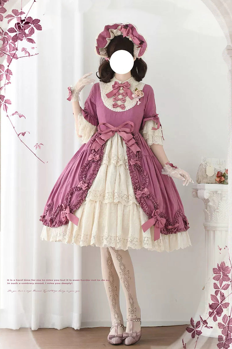 Plum Red [Lilica Garden] Lapel Collar Short Trumpet Sleeves Ruffled Open-Front Bow Lace Sweet Elegant Luxurious Lolita Dress