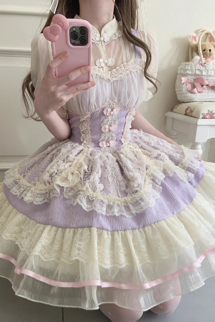 Neckholder-Kleid mit Blumenknospen-Print und Rüschenspitze, süßes Lolita-JSK-Kleid im chinesischen Ballettstil, 3 Farben