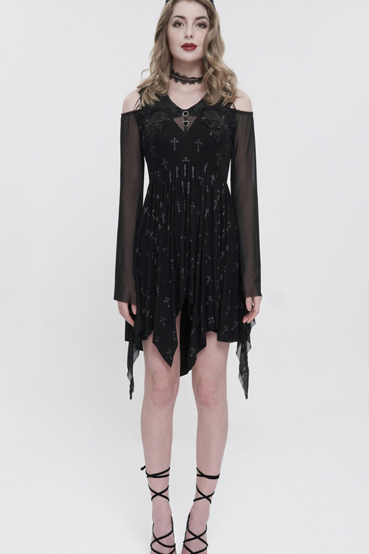 Black Sleeves Cross Print Embroidered And Beaded Neckline Stretch-Mesh Flared Women's Gothic Dress
