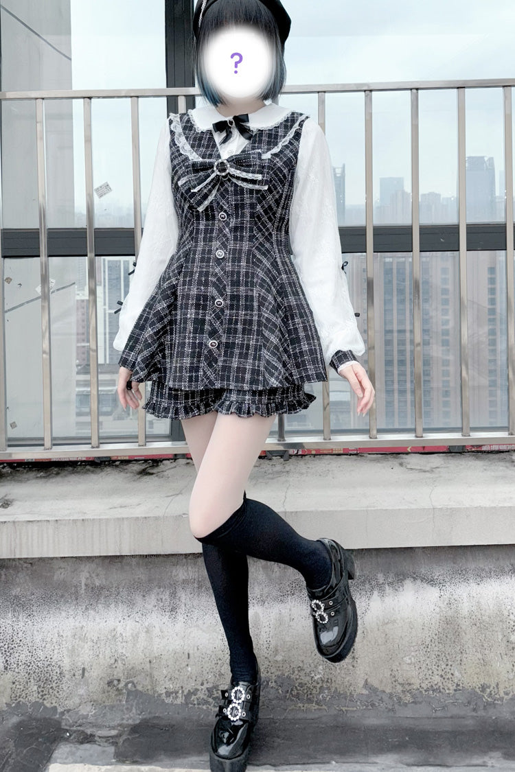 Schwarz/Weiß [Love Sonata] Langarm Rüsche Schleifenknoten Spitze Jirai Kei Japanisches Kleid Set 