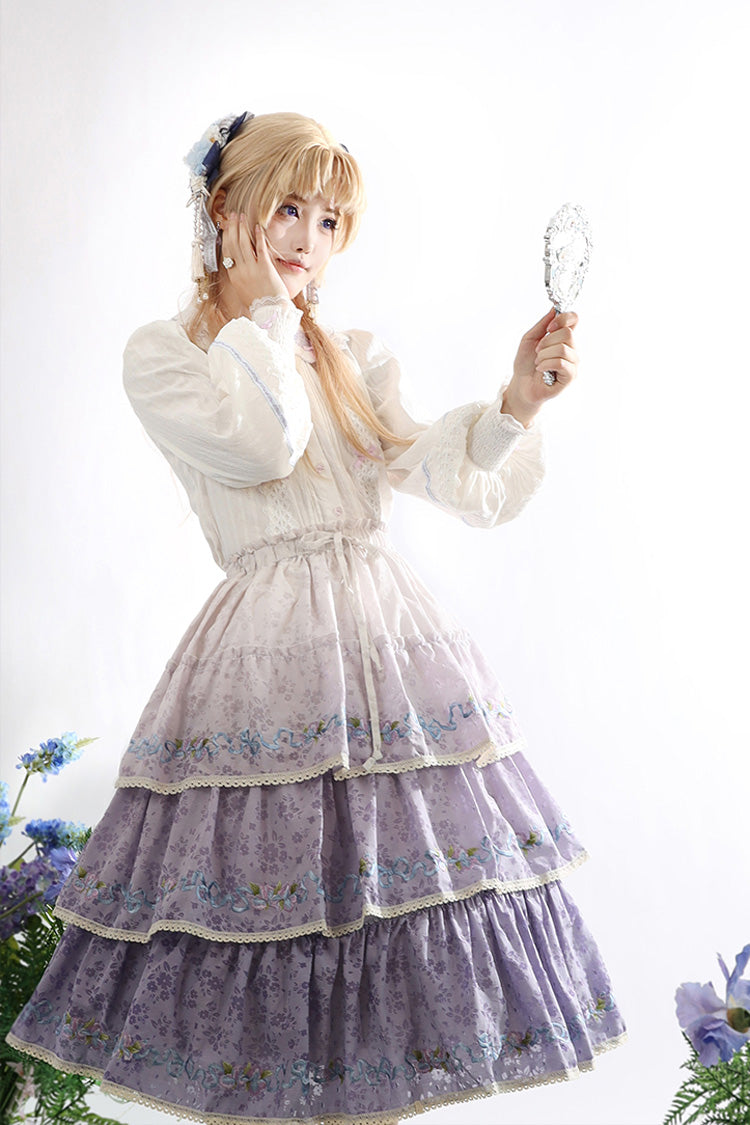 Purple [Moonlight Iris] Triple-Layered Print Ruffle Embroidery Lace Sweet Lolita Skirt