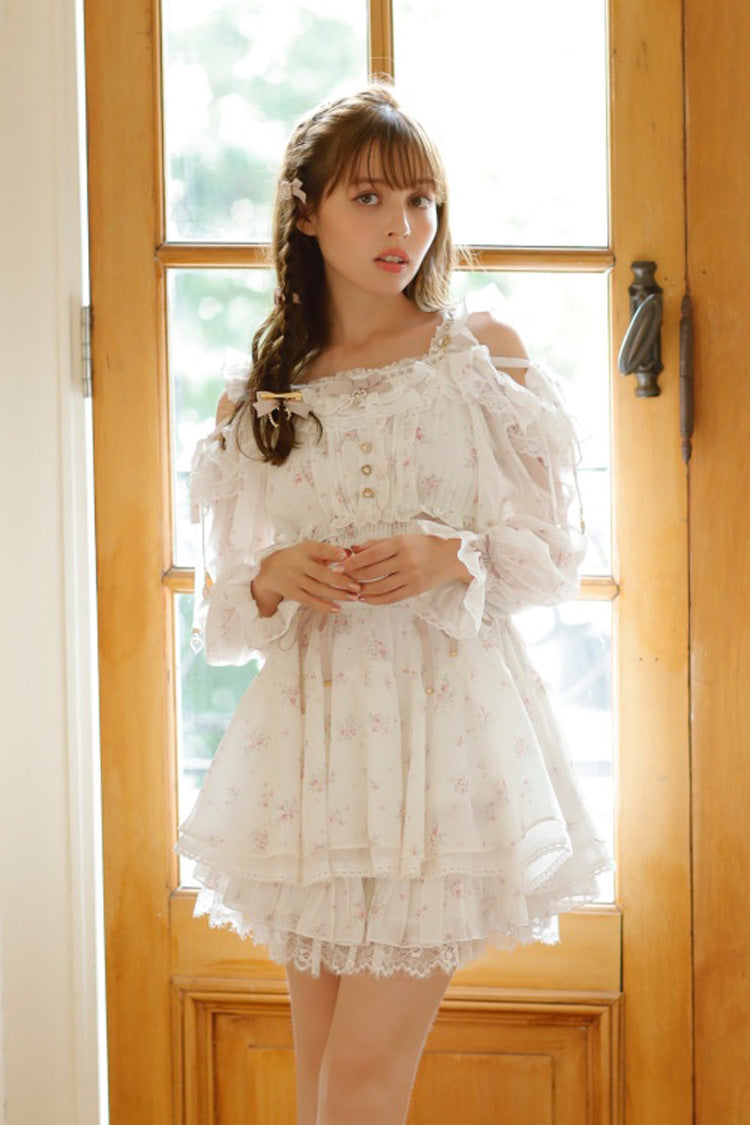 Ivory Off Shoulder Long Sleeves Floral Print Ruffle Bowknot Lace-Up Sweet Jirai Kei Japanese Skirt Set
