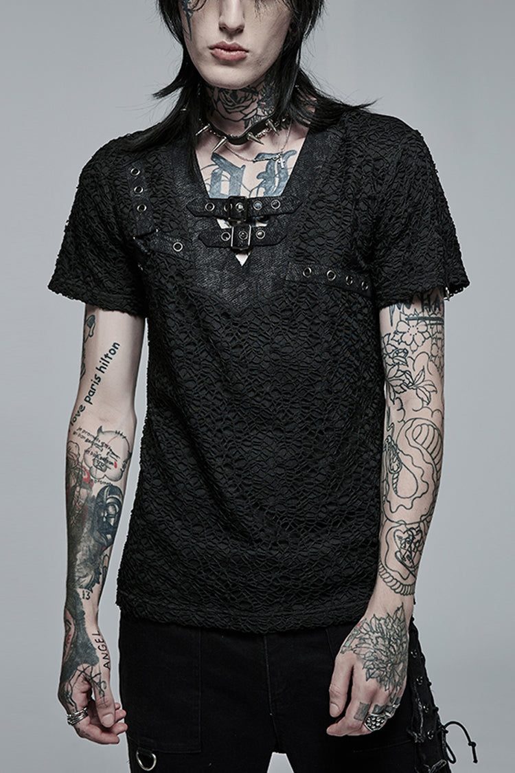 Black Short Sleeves Buckle Stitching Mesh Men's Steampunk T-Shirt