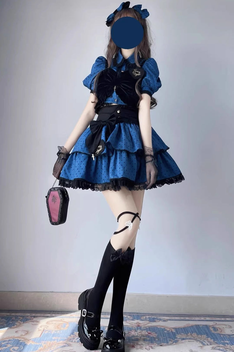 Blue/Black Multi-Layer Polka Dot Print Bowknot Princess Sweet Lolita Skirt Set