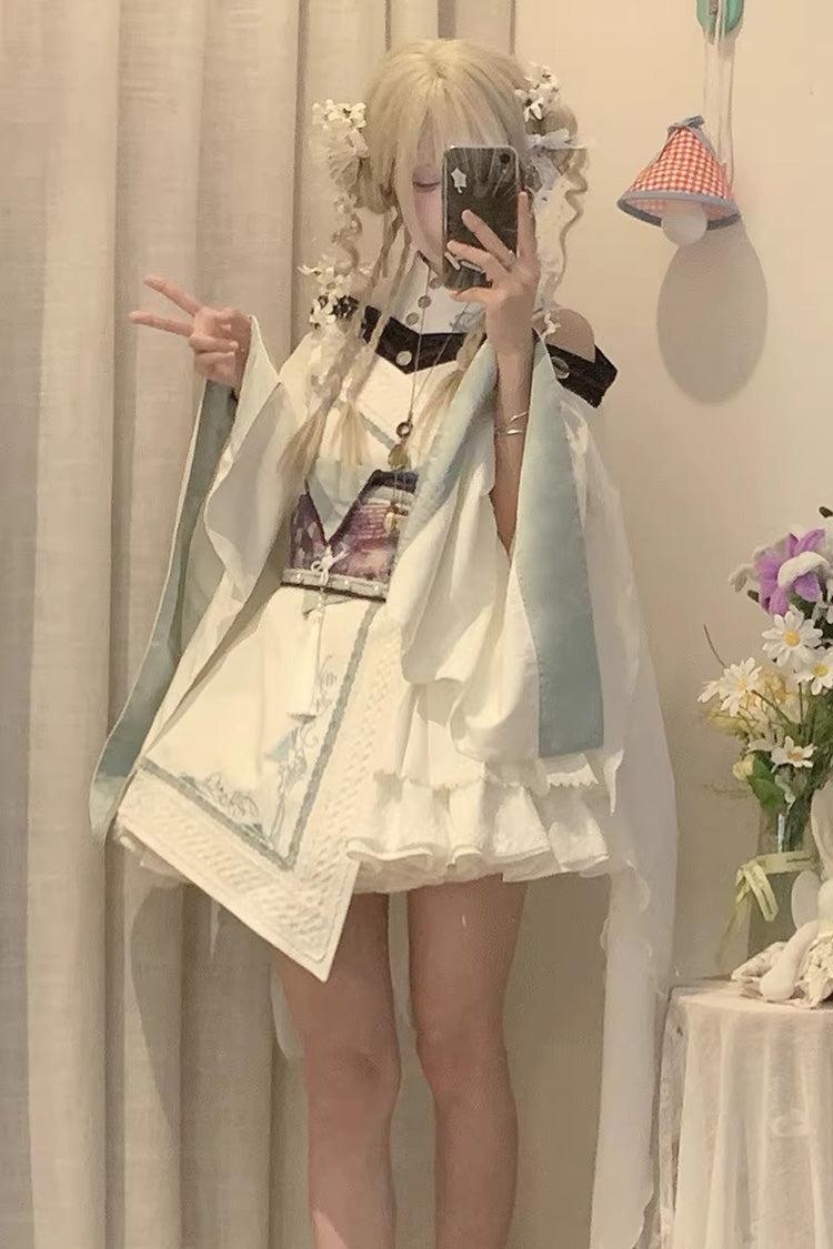 ホワイト【龍の息谷】長袖フリル刺繍アシンメトリーチャイナ風ゴスロリドレス