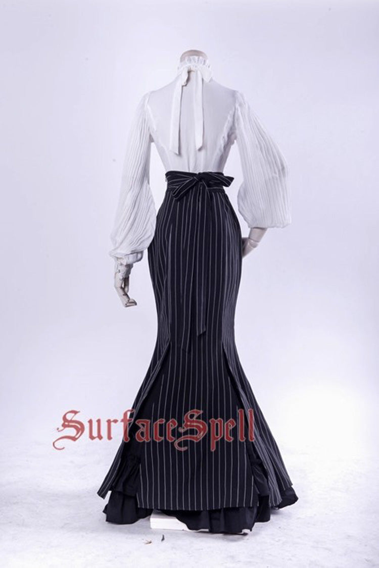 Black [Lorelei] Double-Layered Striped Print Ruffle Gothic Elegant Lolita Mermaid Maxi Skirt
