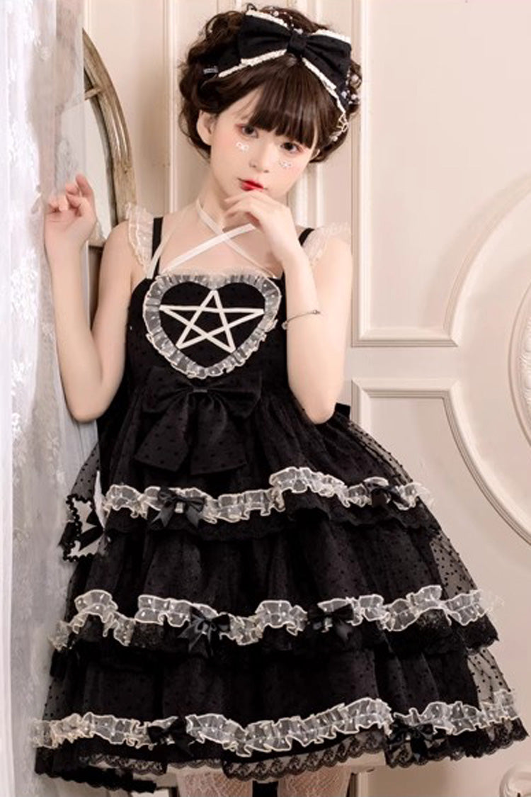 Black [Du Meisha's Star Wish] Sleeveless Triple-Layered Jacquard Ruffle Bowknot Sweet Gothic Lolita Jsk Dress