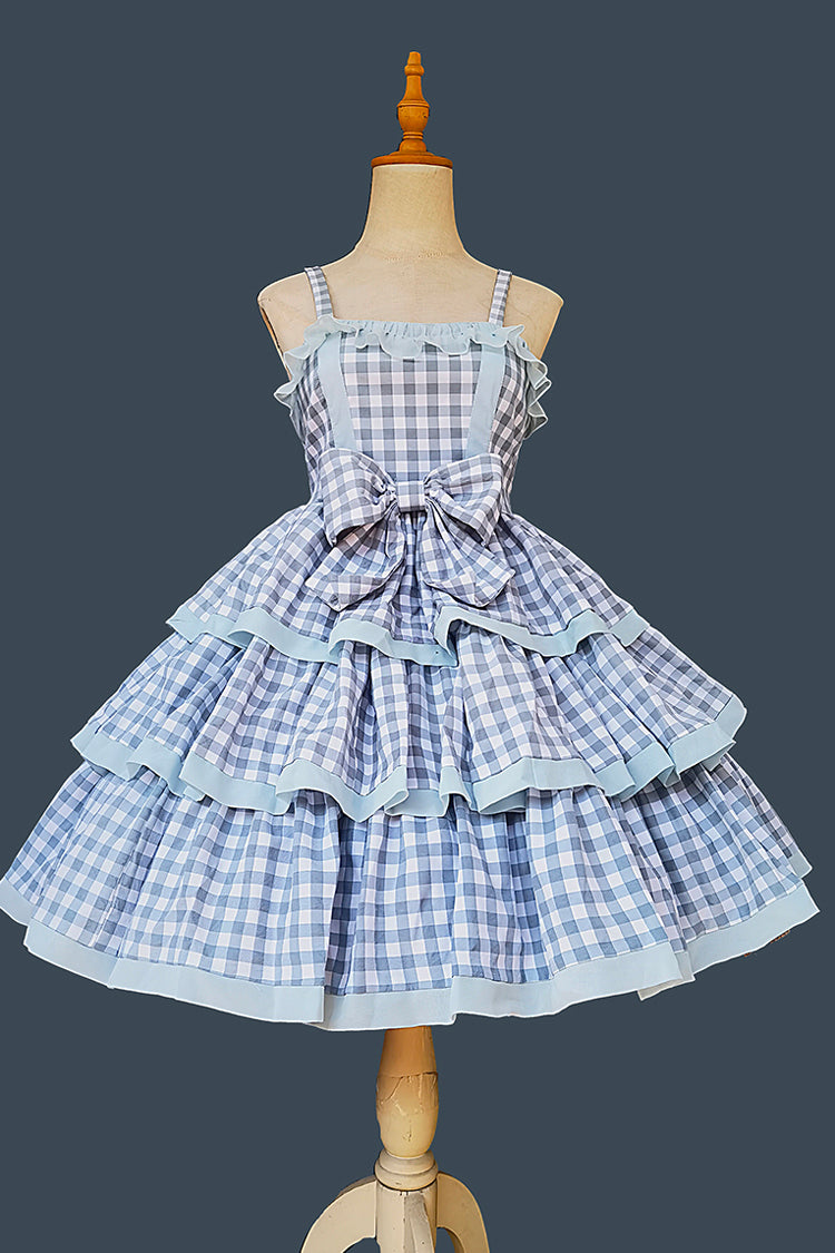 Blue [Cloth Cat] Triple-Layered Plaid Print Ruffle Bowknot Sweet Lolita Dress 2 Colors