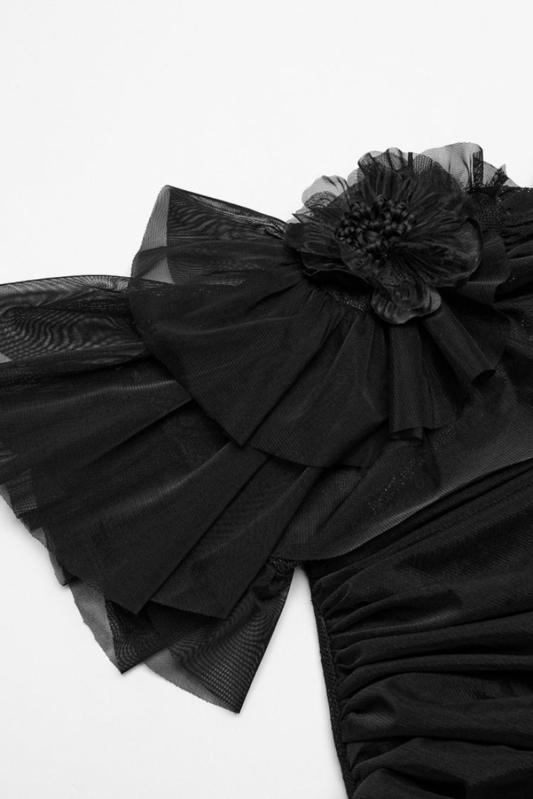 Black Short Sleeves Ruffle Stitching Lace Women's Gothic Layered Ball Gown Dress