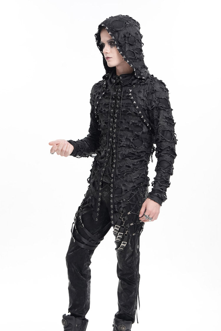 Black Studs Long Sleeves Lace-Up Ripped Men's Gothic Hooded Coat